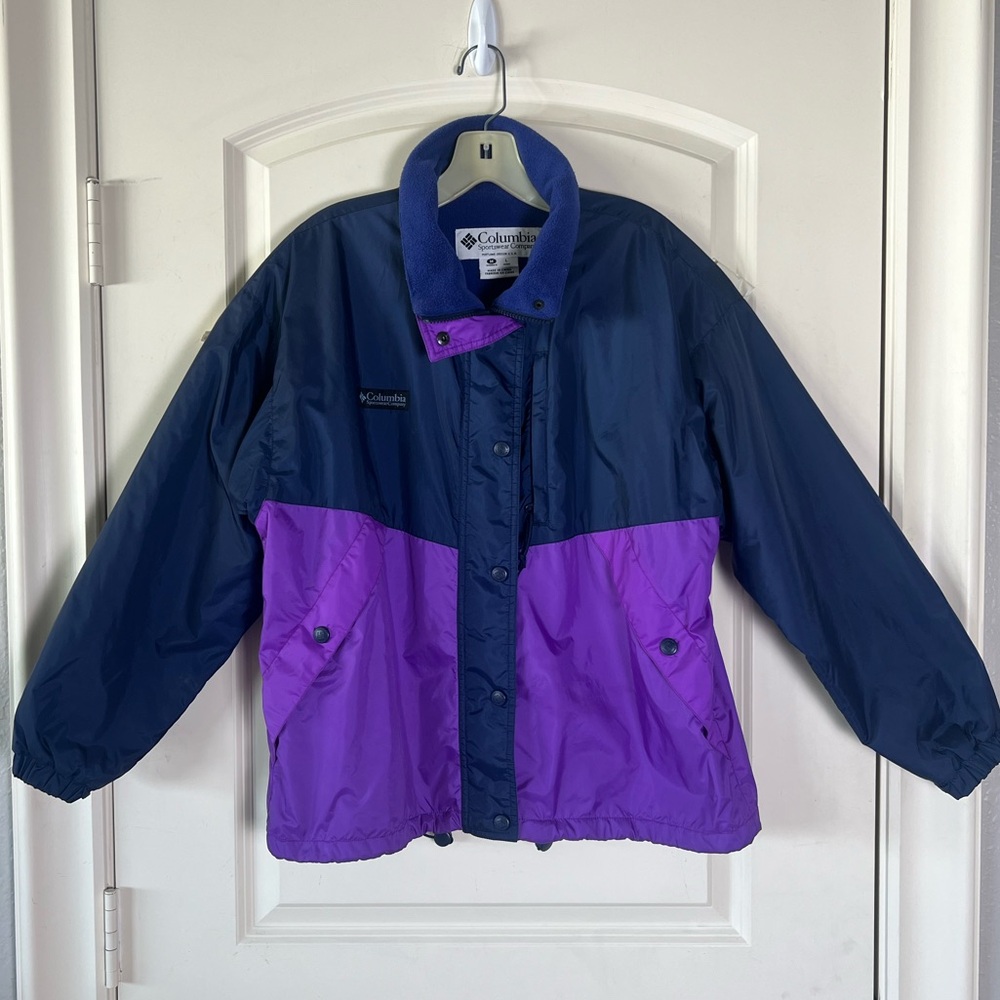 Vintage Columbia Ski Jacket Large Navy Purple Colorblock Fleece Lined Retro 90s